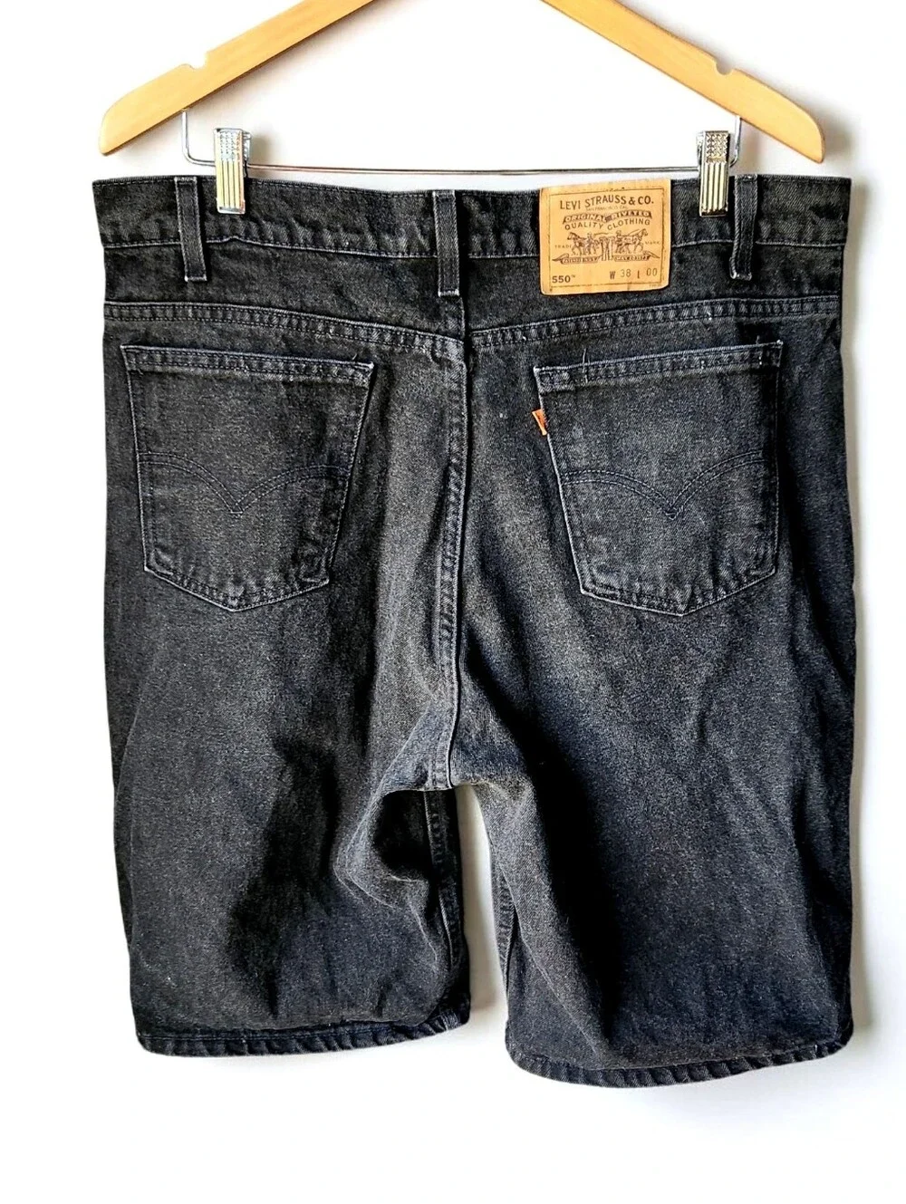 1995 Levis 550 Orange Tab Jort Denim Jean Short Black 38 USA Vintage Dad Grunge